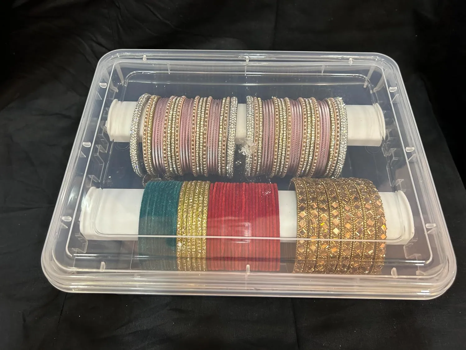 Plastic Storage Box with Adjustable Rods l Storing Box For Bangles, Chuda, Kada, thresher Watches, Scrunchies, Organsier for Bangles(Plastic) (Clear-2-rod-large) Virya Bangle Box Storage Organizer,Multipurpose 