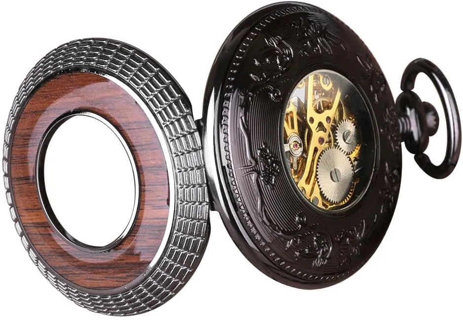Pocket Watch Vintage Steampunk Wood Grain Hollow Design with irritability intricate Chain and Box VIGOROSO Men's Hand-Wind Mechanical 