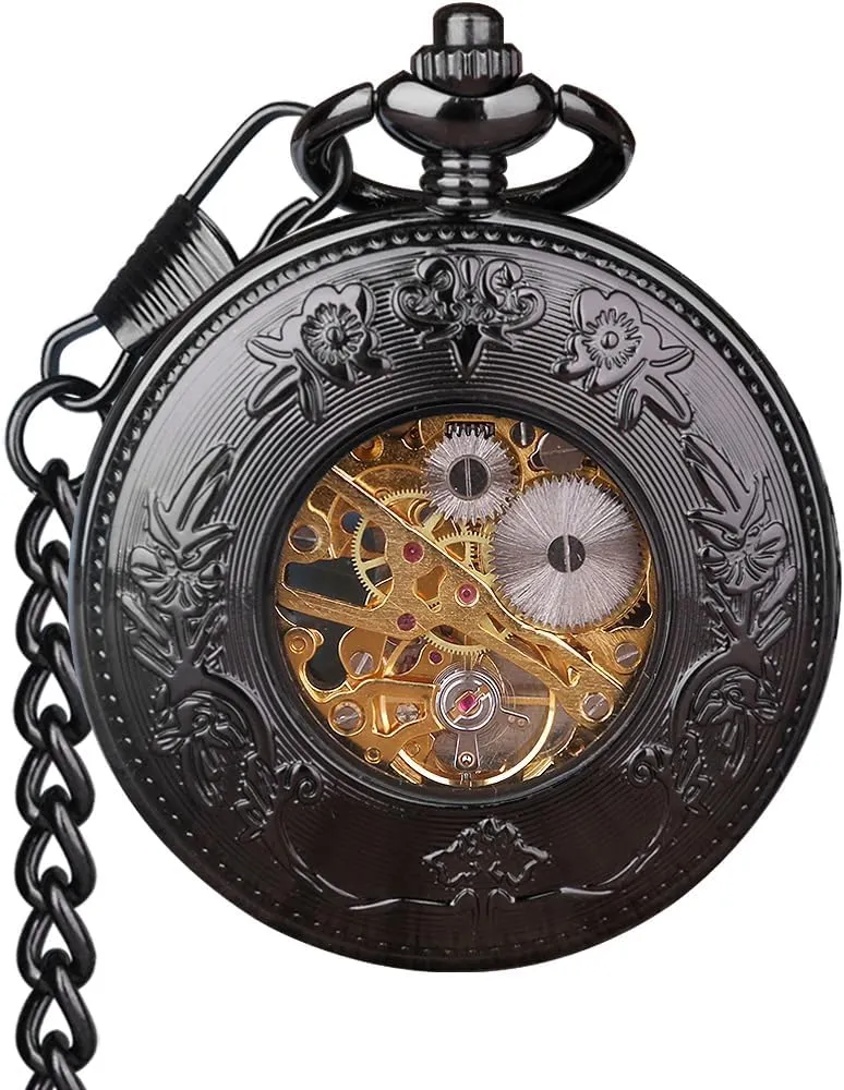 Pocket Watch Vintage Steampunk Wood Grain Hollow Design with irritability intricate Chain and Box VIGOROSO Men's Hand-Wind Mechanical 