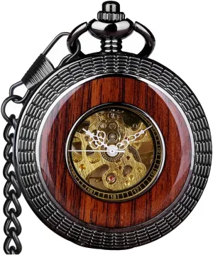 Pocket Watch Vintage Steampunk Wood Grain Hollow Design with irritability intricate Chain and Box VIGOROSO Men's Hand-Wind Mechanical 
