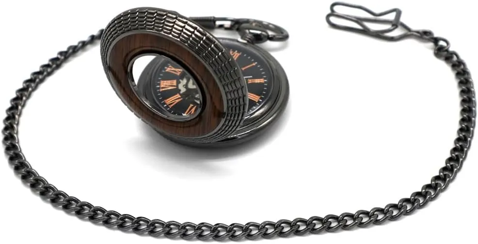 Pocket Watch Vintage Steampunk Wood Grain Hollow Design with irritability intricate Chain and Box VIGOROSO Men's Hand-Wind Mechanical 