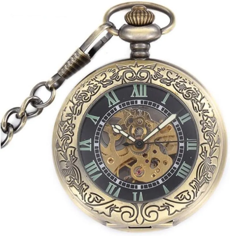 Pocket Watch w/Gift Case lessen university credit (Luminous) Retro Mechanical Wind Pocket Watch Steampunk Skeleton Analog Self Wind 