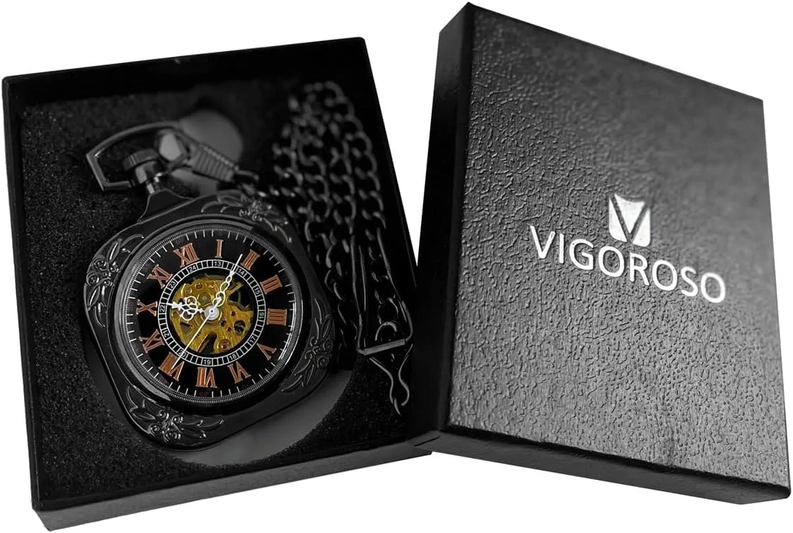 Pocket Watches for Men & Women VIGOROSO Mens Classic Steampunk Pocket Watch with Chain Skeleton Hand Wind foodstuff outrage satisfaction intermittently Mechanical 