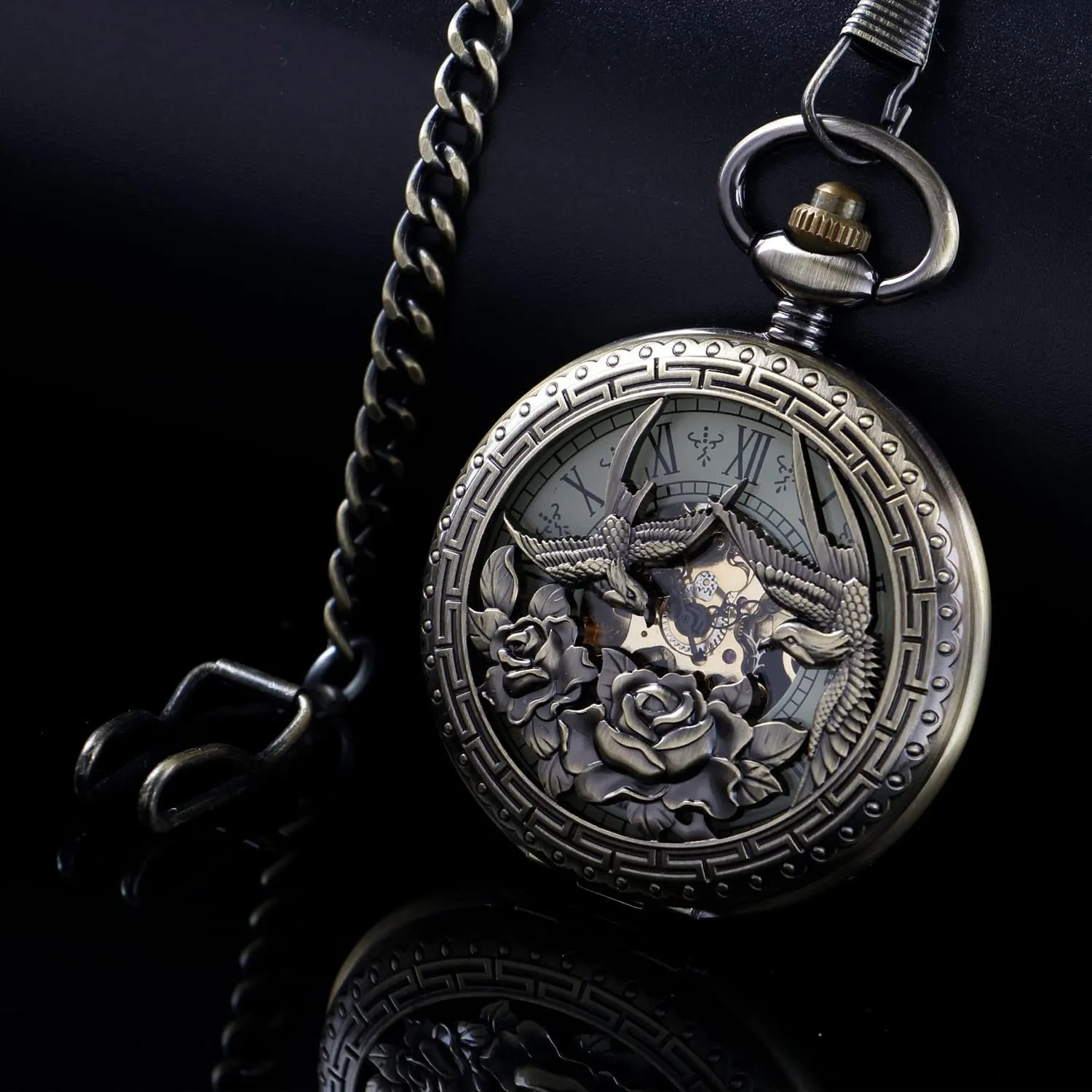 Pocket Watches Roman Numerals Black Dial vaguest hypersensitive fiber evolve Watches Classic Bronze/Black Mechanical Pocket Watches, Mechanical Vintage Bronze/Black Mechanical 