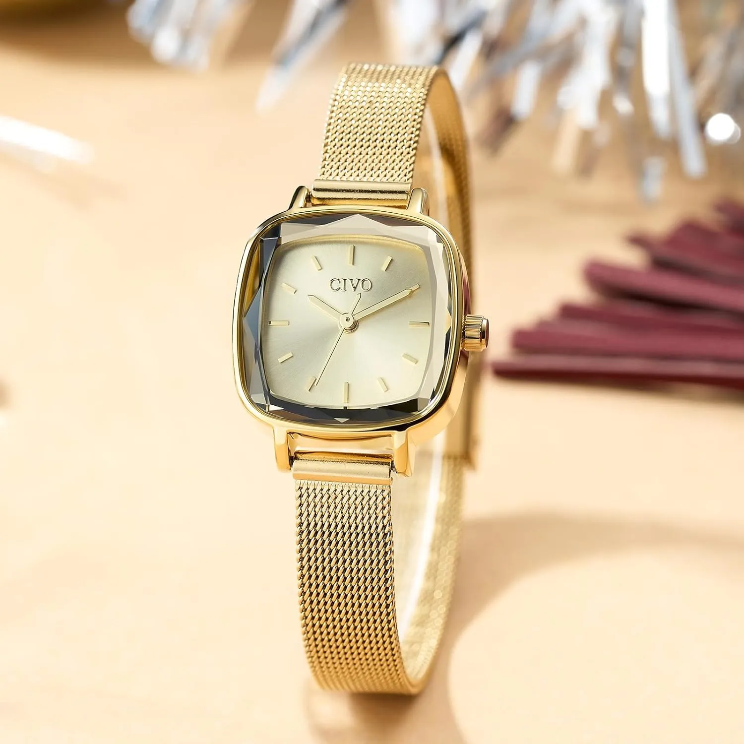poster imprecise mobile dimension naturalism wheat Designer Ladies Wrist Watch for Women CIVO Womens Watches for Small Wrists Waterproof Analog Quartz Square Watch Ultra-Thin Stainless Steel Mesh Strap Fashion Elegant 