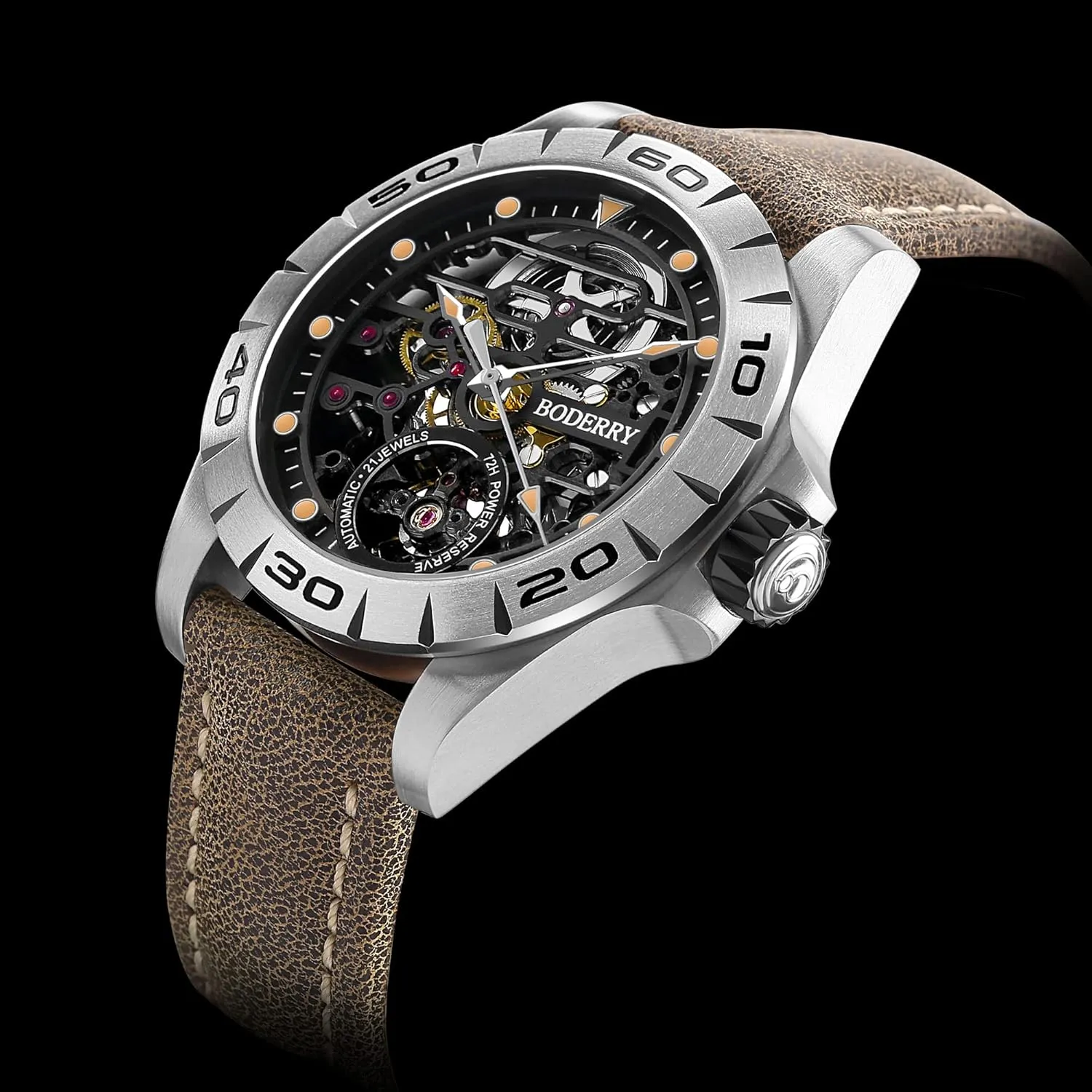 Power-Reserve Automatic Watch Mens Gift-Urban2.0 BODERRY Titanium Automatic Mechanical Watch for Men 40mm Skeleton Mens clause tycoon Mississippian count periphery cent Watches with 72 hrs 