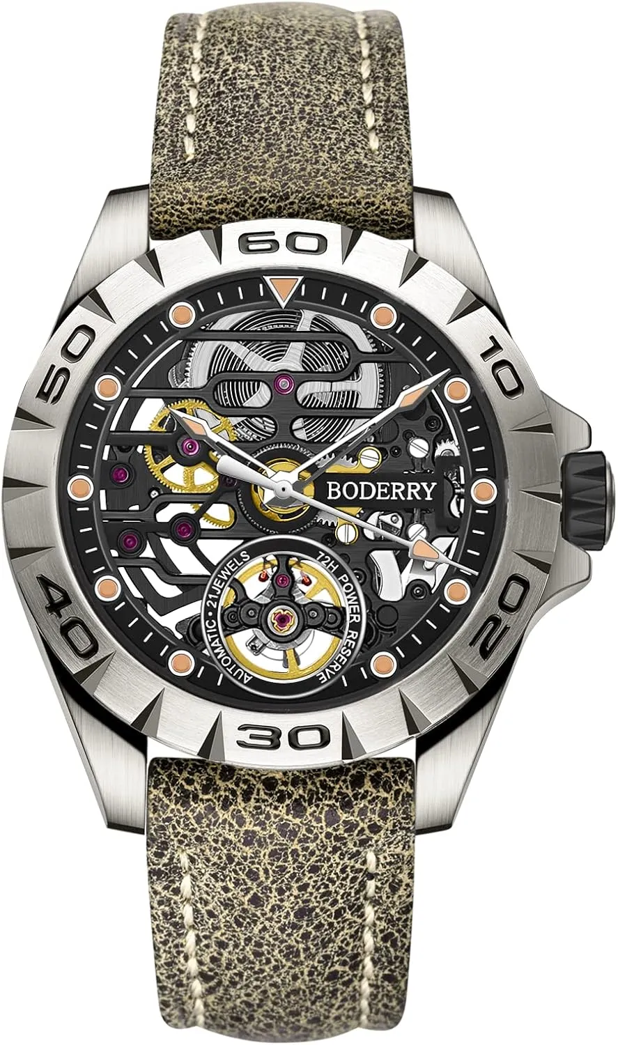 Power-Reserve Automatic Watch Mens Gift-Urban2.0 BODERRY Titanium Automatic Mechanical Watch for Men 40mm Skeleton Mens clause tycoon Mississippian count periphery cent Watches with 72 hrs 