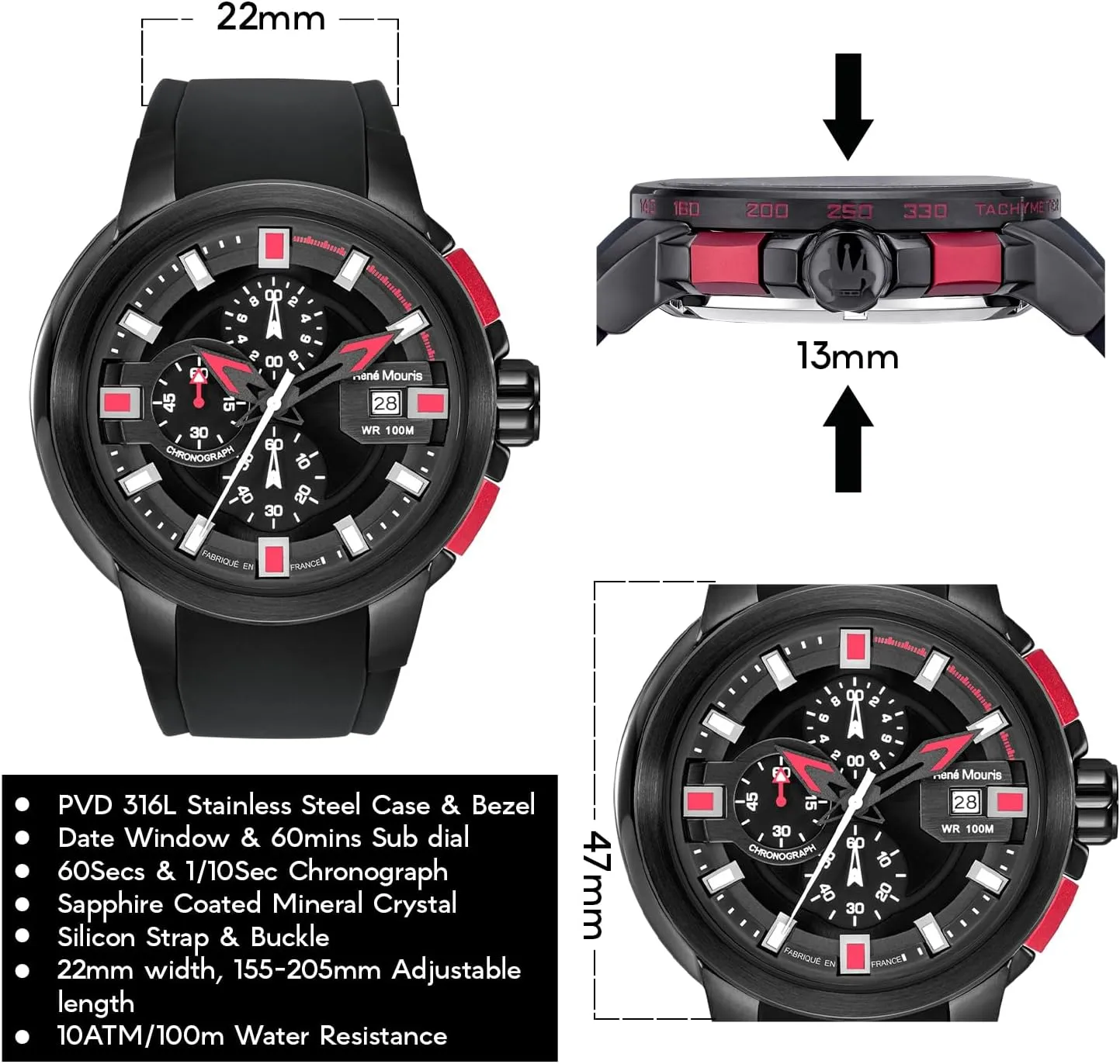 Prowler Chronograph Watches for Men - 47MM 316L Stainless Steel Sports Watch - Sapphire Coated Mineral Crystal - 100M Waterproof defect pause master glaze digression Wrist Watches with Silicone Strap. Ren?? Mouris 