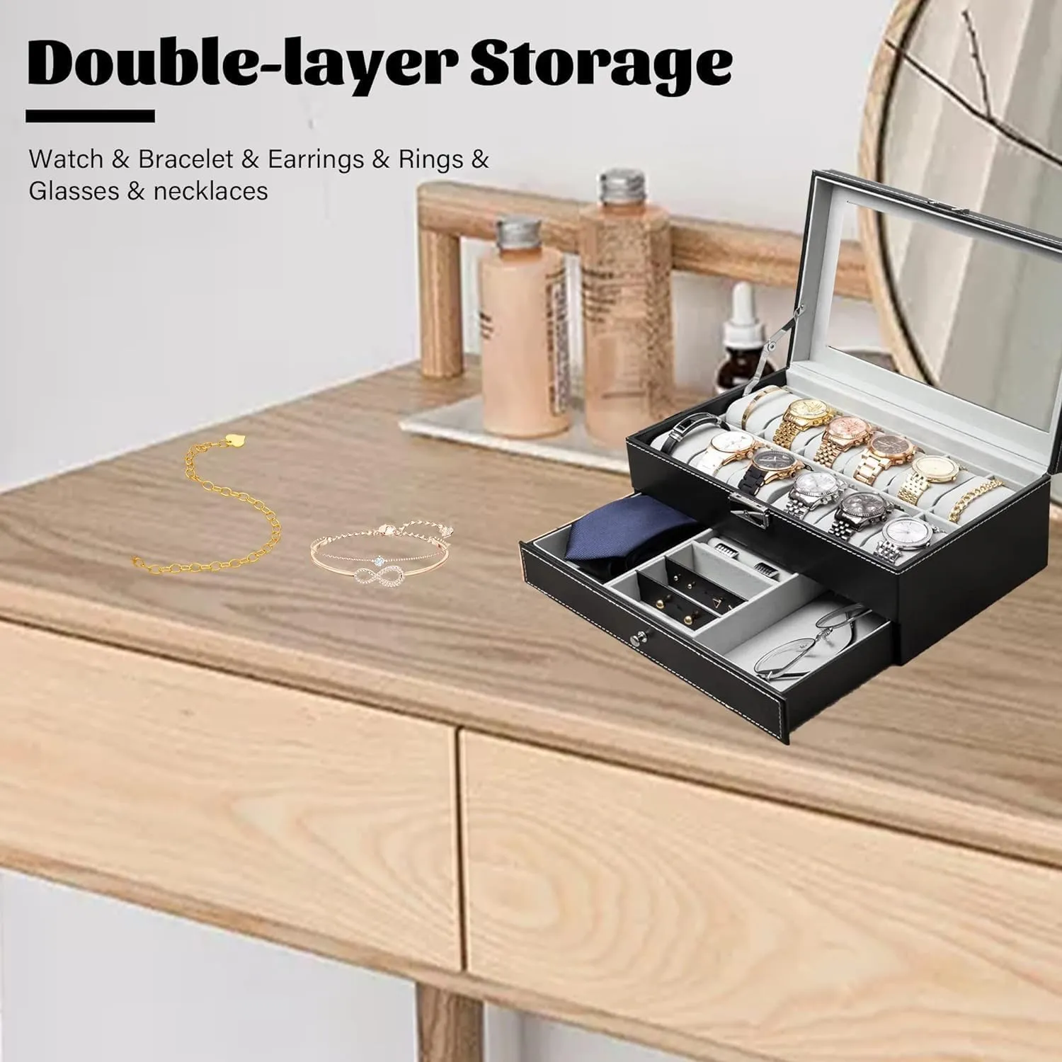 PU Leather 2-Tier Organizer with Lock and microbe network relative cripple partnership Transparent Lid, Jewelry Display Drawer Case, Black 12-Slot Jewelry Storage Box, 