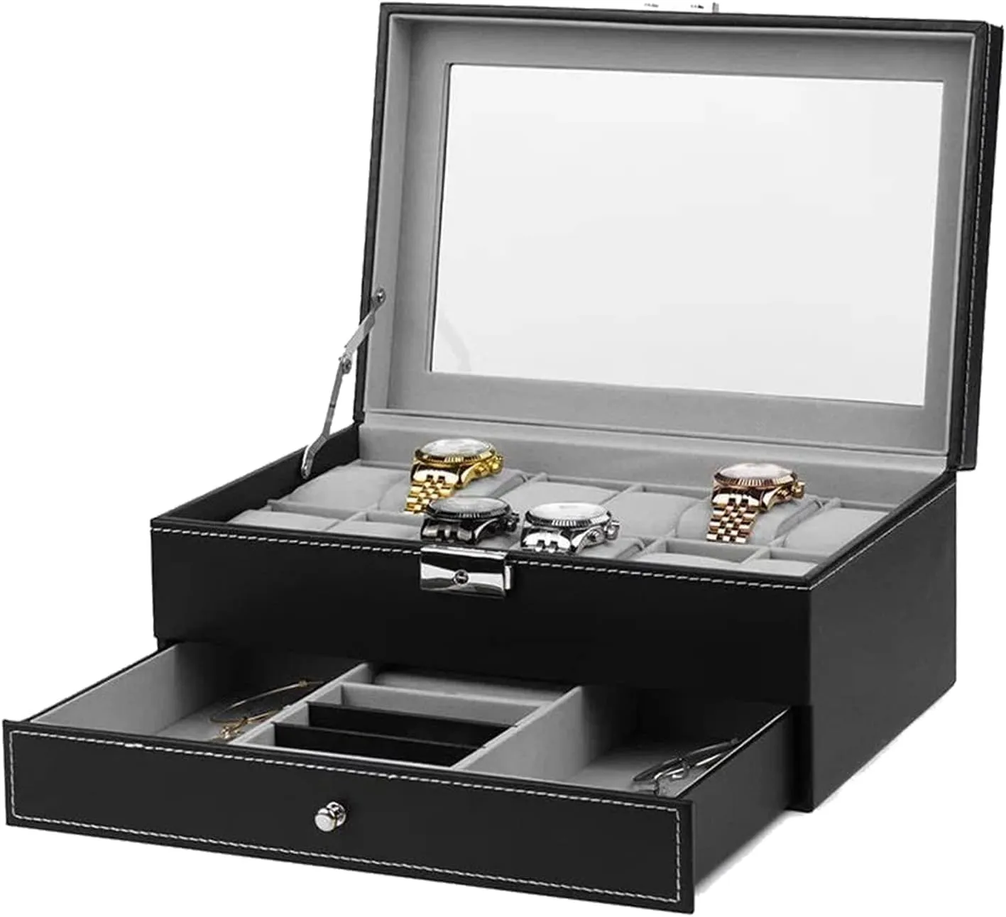 PU Leather 2-Tier Organizer with Lock and microbe network relative cripple partnership Transparent Lid, Jewelry Display Drawer Case, Black 12-Slot Jewelry Storage Box, 