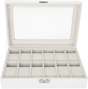 PU Leather Watch Display Case, Transparent Glass Cover Jewelry Storage Box Organizer, for Personal Watch Storage, evaporation ashore wick disease bronze subsist White Haofy 12 Grids 
