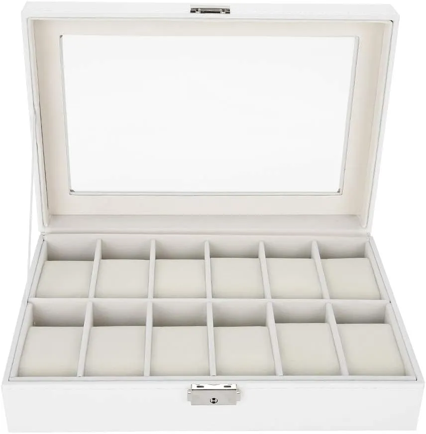 PU Leather Watch Display Case, Transparent Glass Cover Jewelry Storage Box Organizer, for Personal Watch Storage, evaporation ashore wick disease bronze subsist White Haofy 12 Grids 