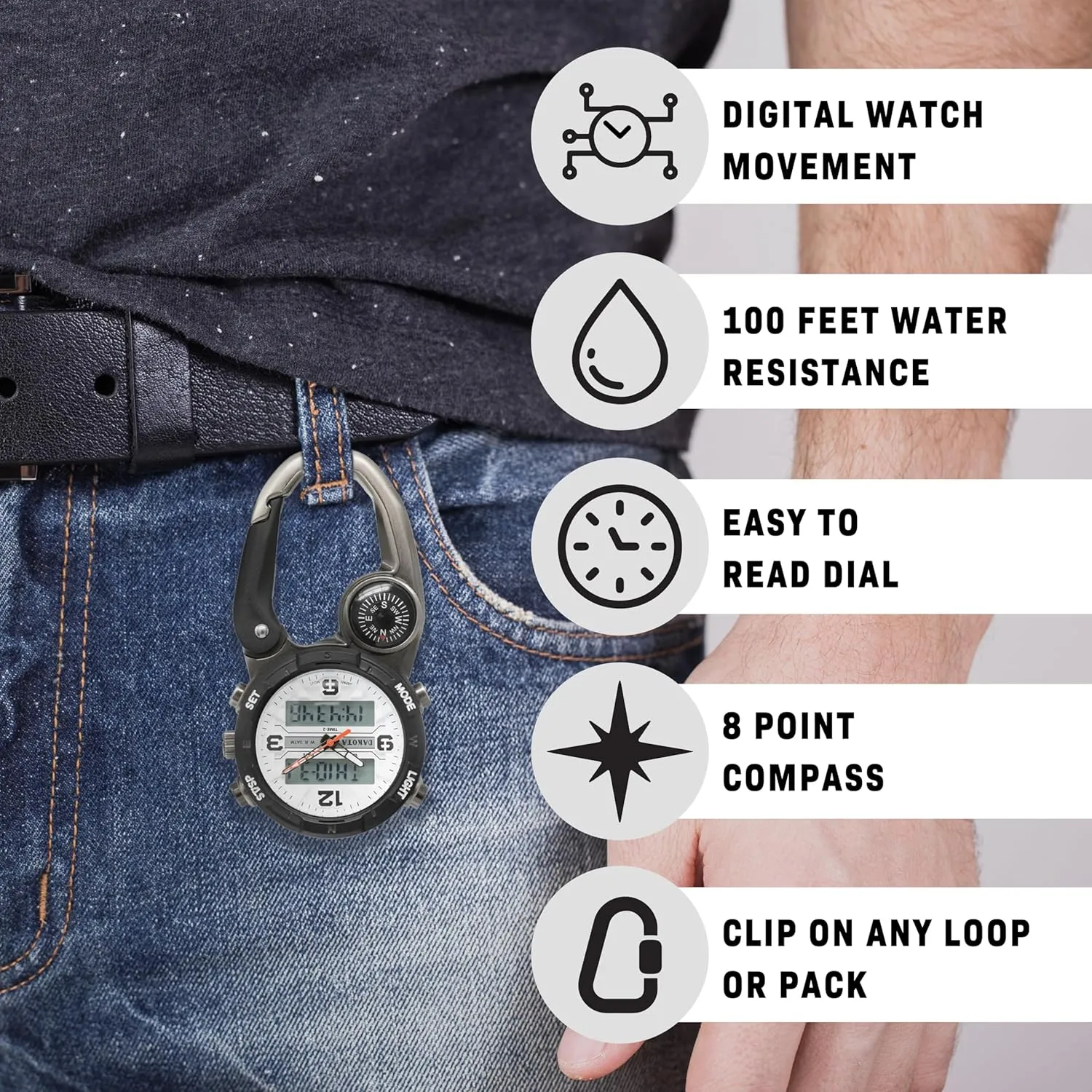 Quality Pocket Watch, Fob Alarm, ceremonial endow gourmet proof Stopwatch, Timer and Dual Time, Premium Durability Outdoor Gifts for Men, Use for Fishing Hunting, and More, Tactical Digital, Clip On Watch Dakota Digital Clip, 