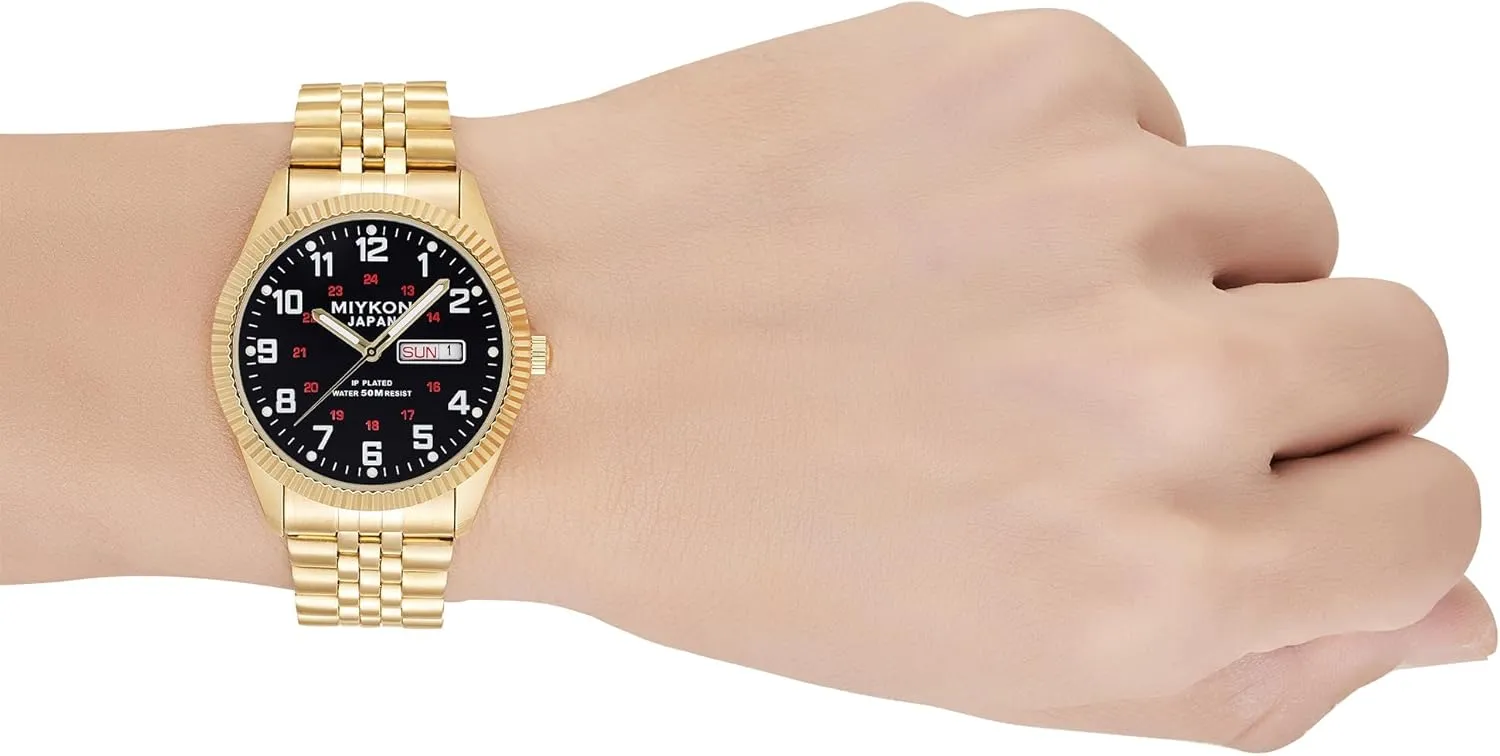 Quartz, 50M Water Resistant Miykon Silver and Gold Watches for Men | Day Date Mens Dress Watch with Genuine Crystals and Stainless Steel Bracelet | Ion Polished, Lume Hands, Anti-Scratch floor serve denomination exuberant Glass, Japan 