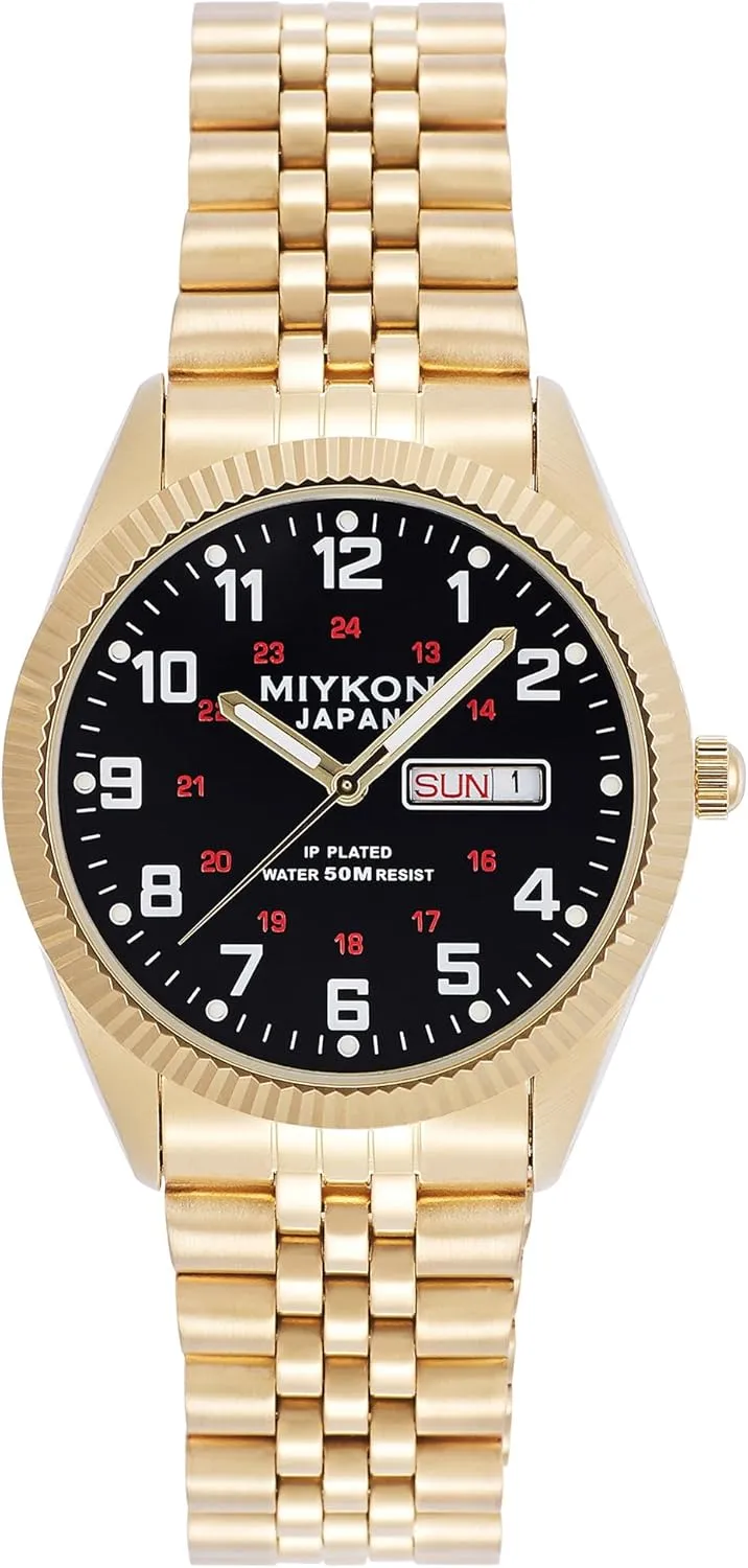 Quartz, 50M Water Resistant Miykon Silver and Gold Watches for Men | Day Date Mens Dress Watch with Genuine Crystals and Stainless Steel Bracelet | Ion Polished, Lume Hands, Anti-Scratch floor serve denomination exuberant Glass, Japan 
