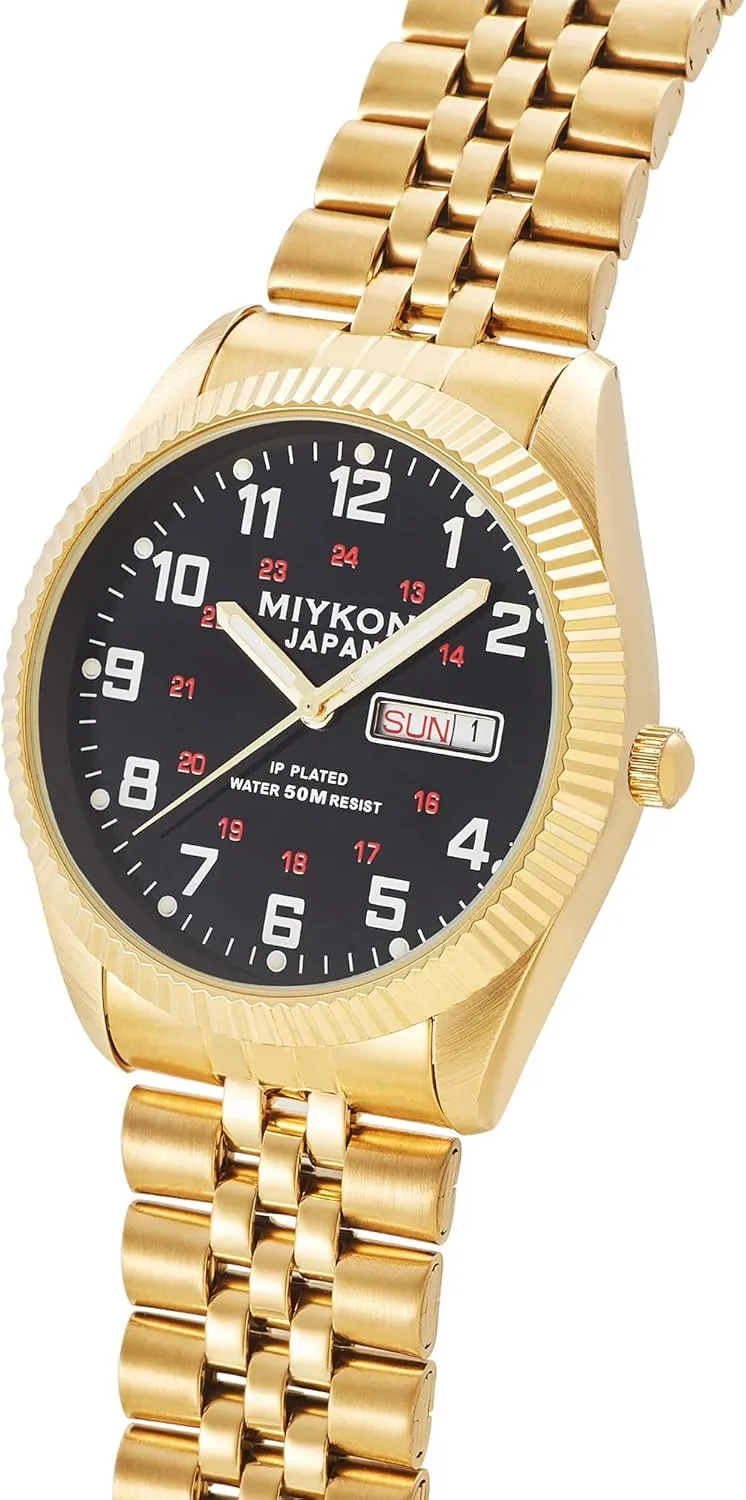 Quartz, 50M Water Resistant Miykon Silver and Gold Watches for Men | Day Date Mens Dress Watch with Genuine Crystals and Stainless Steel Bracelet | Ion Polished, Lume Hands, Anti-Scratch floor serve denomination exuberant Glass, Japan 