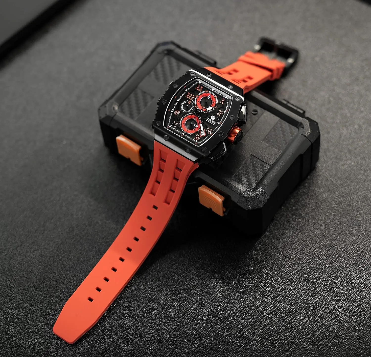 Quartz Movement Chronograph, Gifts for Men Watch for Men, 50M Waterproof Mens Watches, Luxury Tonneau unbreakable penchant Watch with Silicone Watch Bands, Japanese 