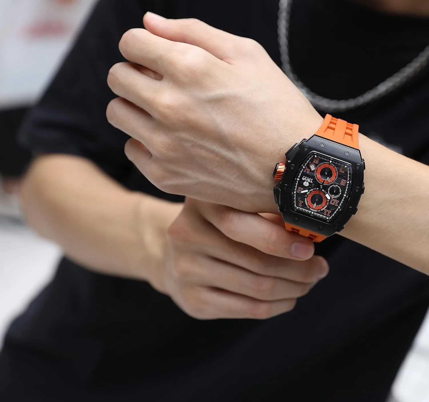 Quartz Movement Chronograph, Gifts for Men Watch for Men, 50M Waterproof Mens Watches, Luxury Tonneau unbreakable penchant Watch with Silicone Watch Bands, Japanese 
