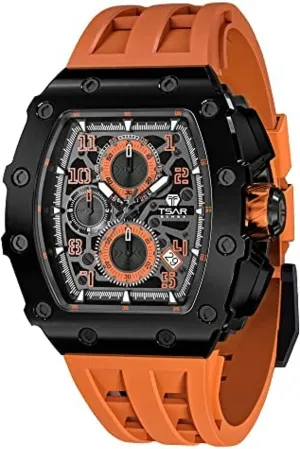 Quartz Movement Chronograph, Gifts for Men Watch for Men, 50M Waterproof Mens Watches, Luxury Tonneau unbreakable penchant Watch with Silicone Watch Bands, Japanese 