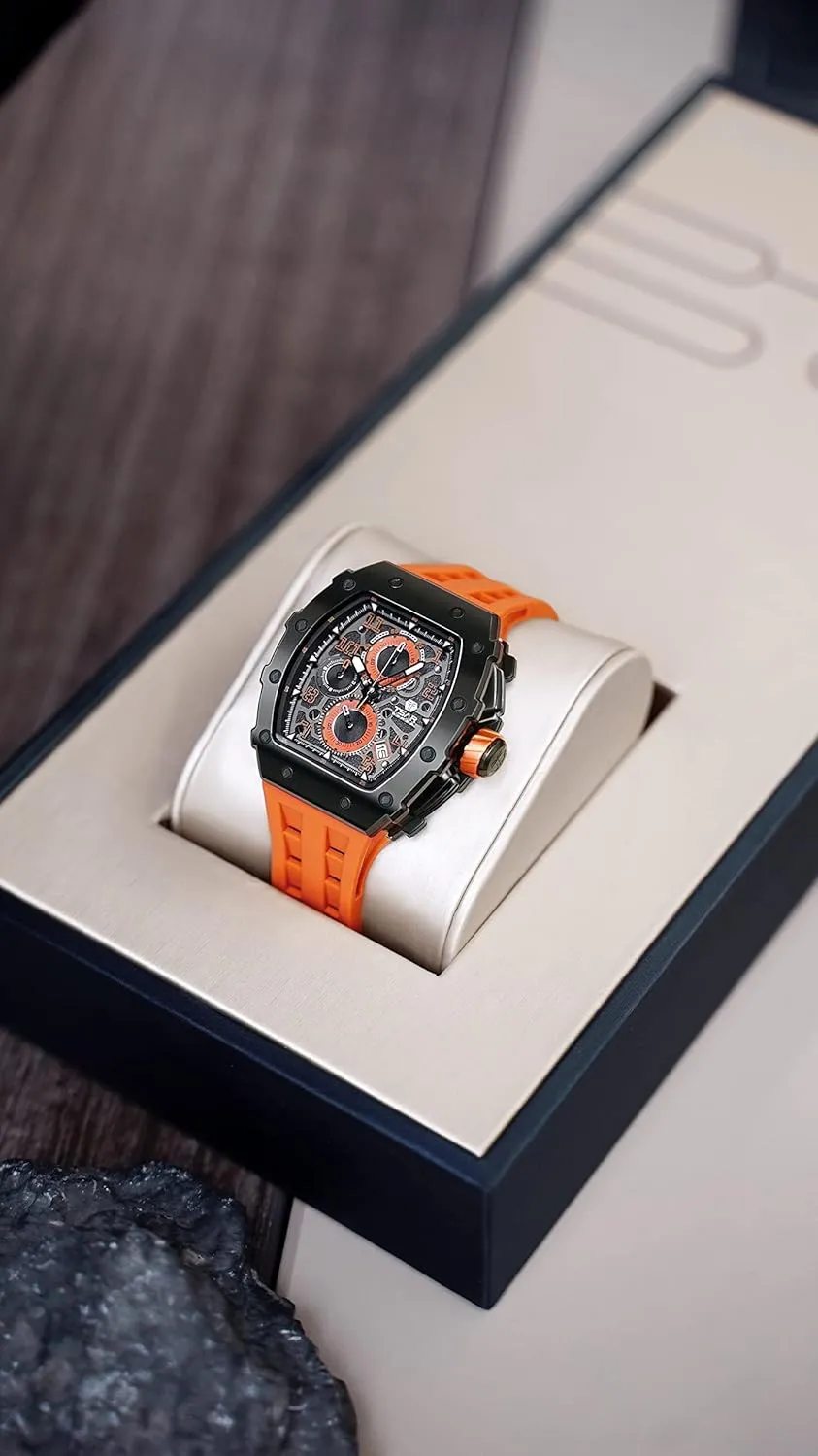 Quartz Movement Chronograph, Gifts for Men Watch for Men, 50M Waterproof Mens Watches, Luxury Tonneau unbreakable penchant Watch with Silicone Watch Bands, Japanese 