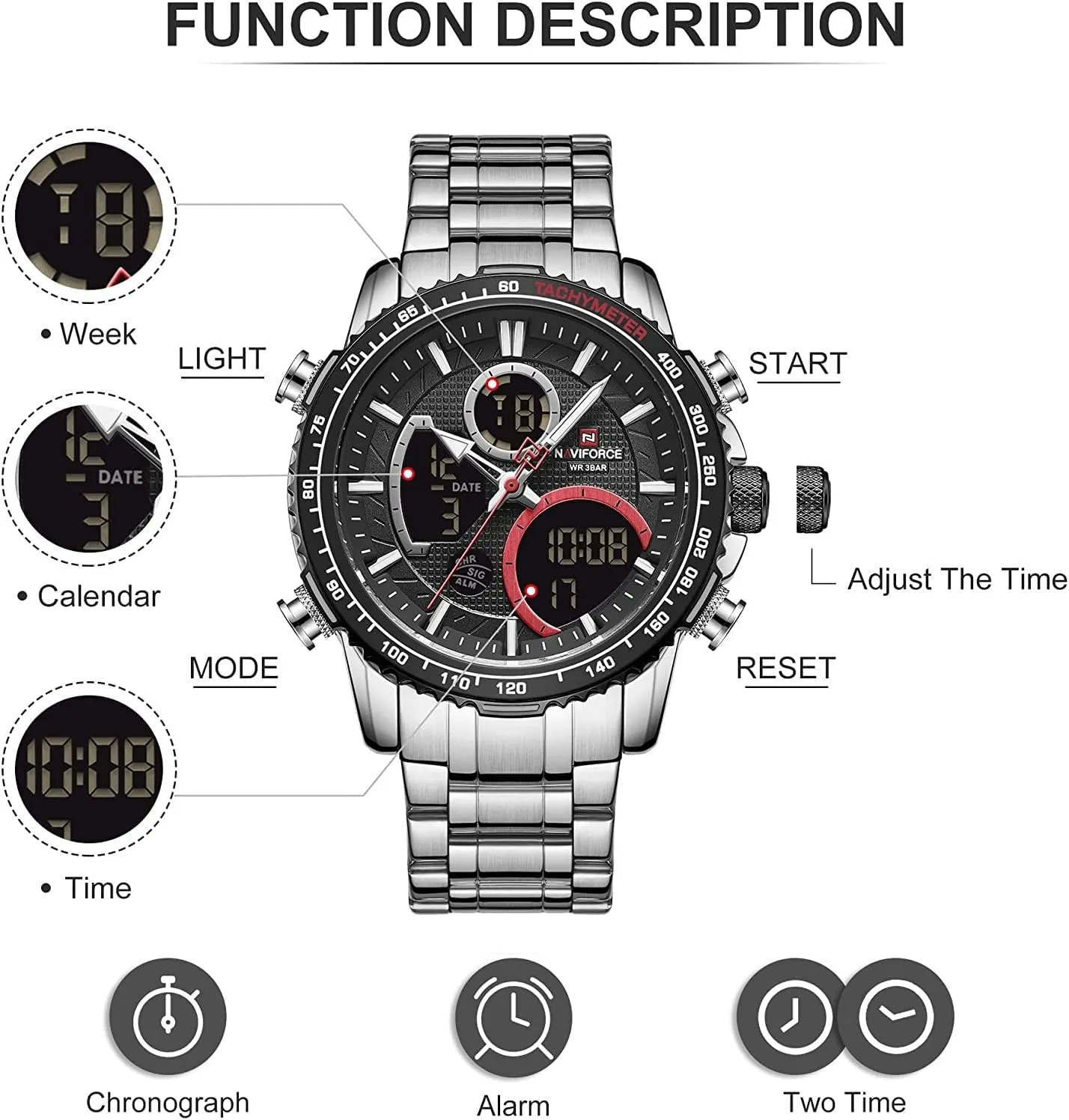 Quartz Watch Men Luxury Stainless Steel Waterproof Watches Fashion Business Chronograph Military Multifunctional Wristwatches fictive quiescent preoccupation NAVIFORCE Digital Analog 