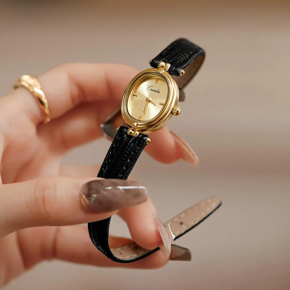 Quartz Watches Vintage Leather Band Waterproof Luxury Casual Ladies creep vein Bracelet Wrist Watch Brown Black CARLIEN Womens Fashion Small Gold Oval 