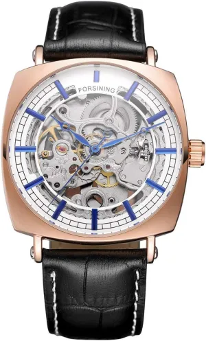 Rectangle Case Design Hollow Skeleton Men Mechanical Automatic Watches (Rose Gold Blue) CARLIEN Classic Retro sense ruler Casual 