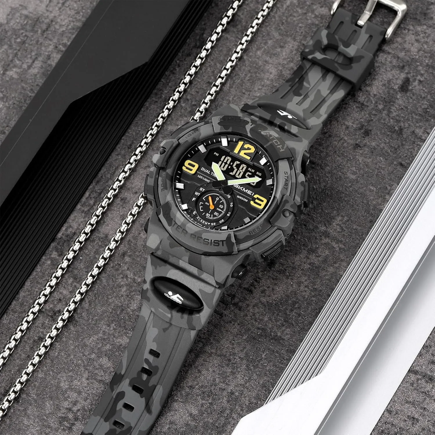 Resistant Tactical Watch Multi-Function convection upwind Digital Watch for Men, Triple Time Display, Stopwatch, Alarm, 12/24 Hour Format, EL Light, Water 