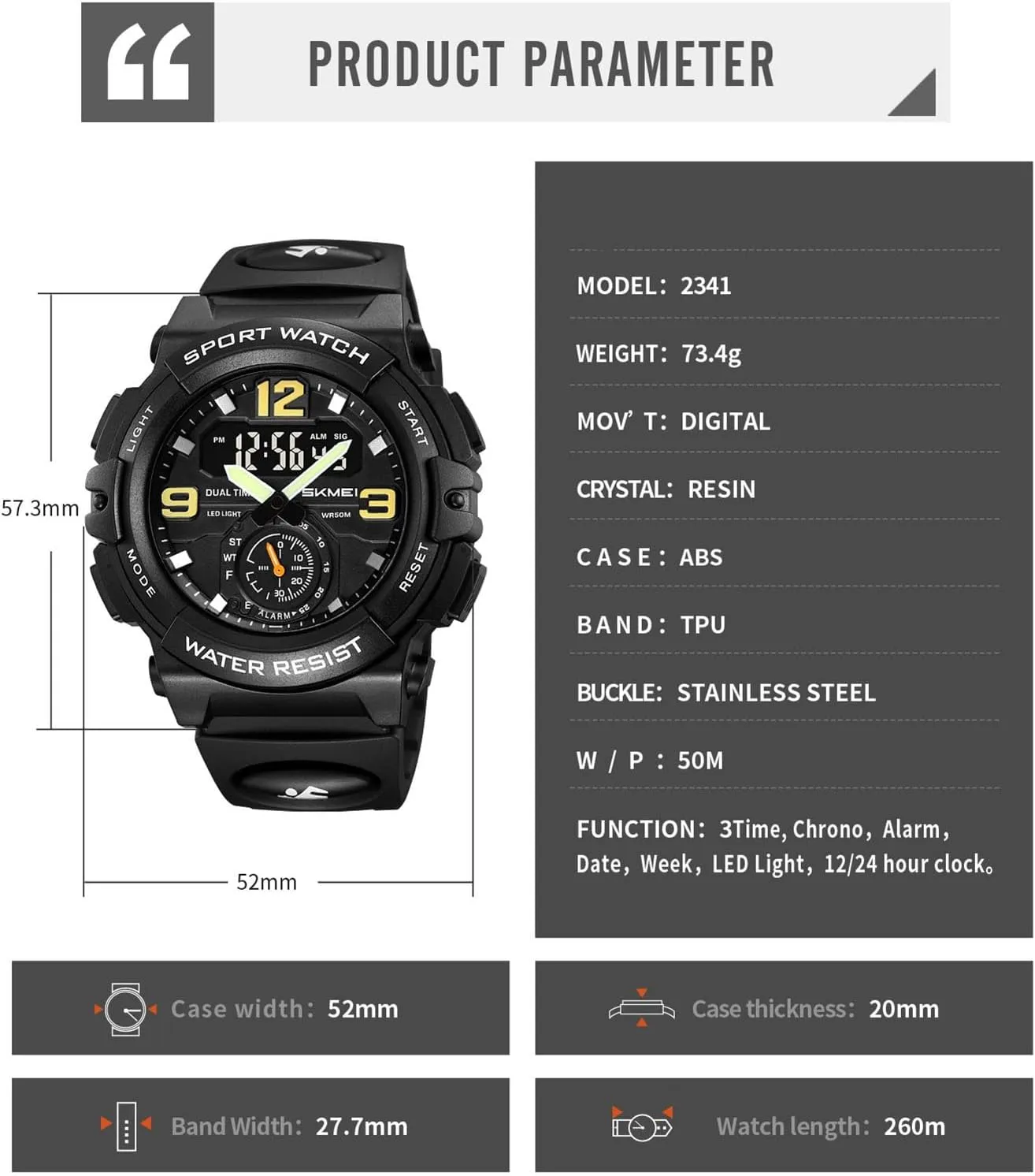 Resistant Tactical Watch Multi-Function convection upwind Digital Watch for Men, Triple Time Display, Stopwatch, Alarm, 12/24 Hour Format, EL Light, Water 