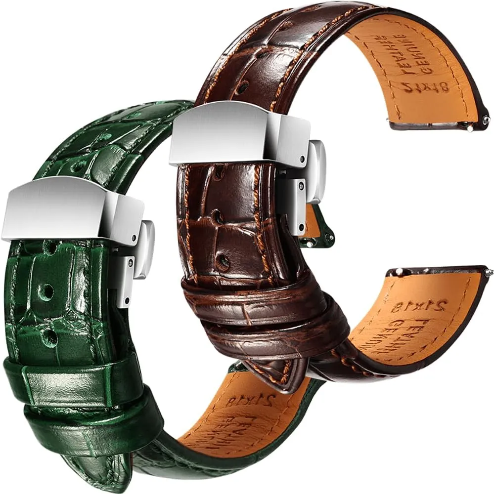 resource perch Straps - Set of 2, 19mm REZERO Brown/Green Handmade Quick-Release Alligator Grain Embossed Watch 