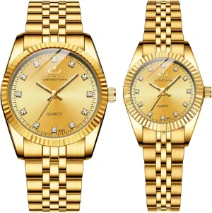 Rhinestone His and Her Watch Set, for Anniversary, Wedding JewelryWe Luxury Couple Watches Gold-Silver Tone rocky Stainless Steel Quartz Calendar Wristwatch 