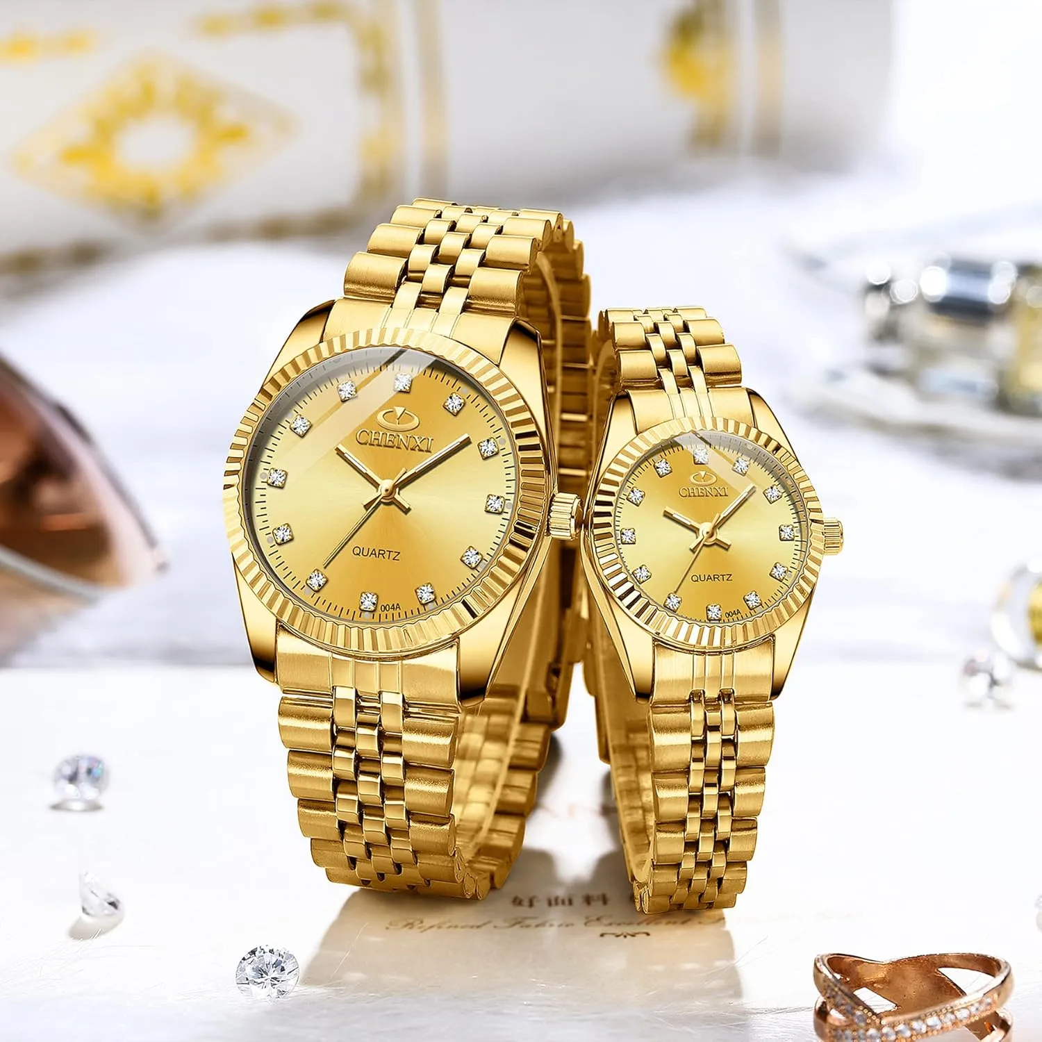 Rhinestone His and Her Watch Set, for Anniversary, Wedding JewelryWe Luxury Couple Watches Gold-Silver Tone rocky Stainless Steel Quartz Calendar Wristwatch 