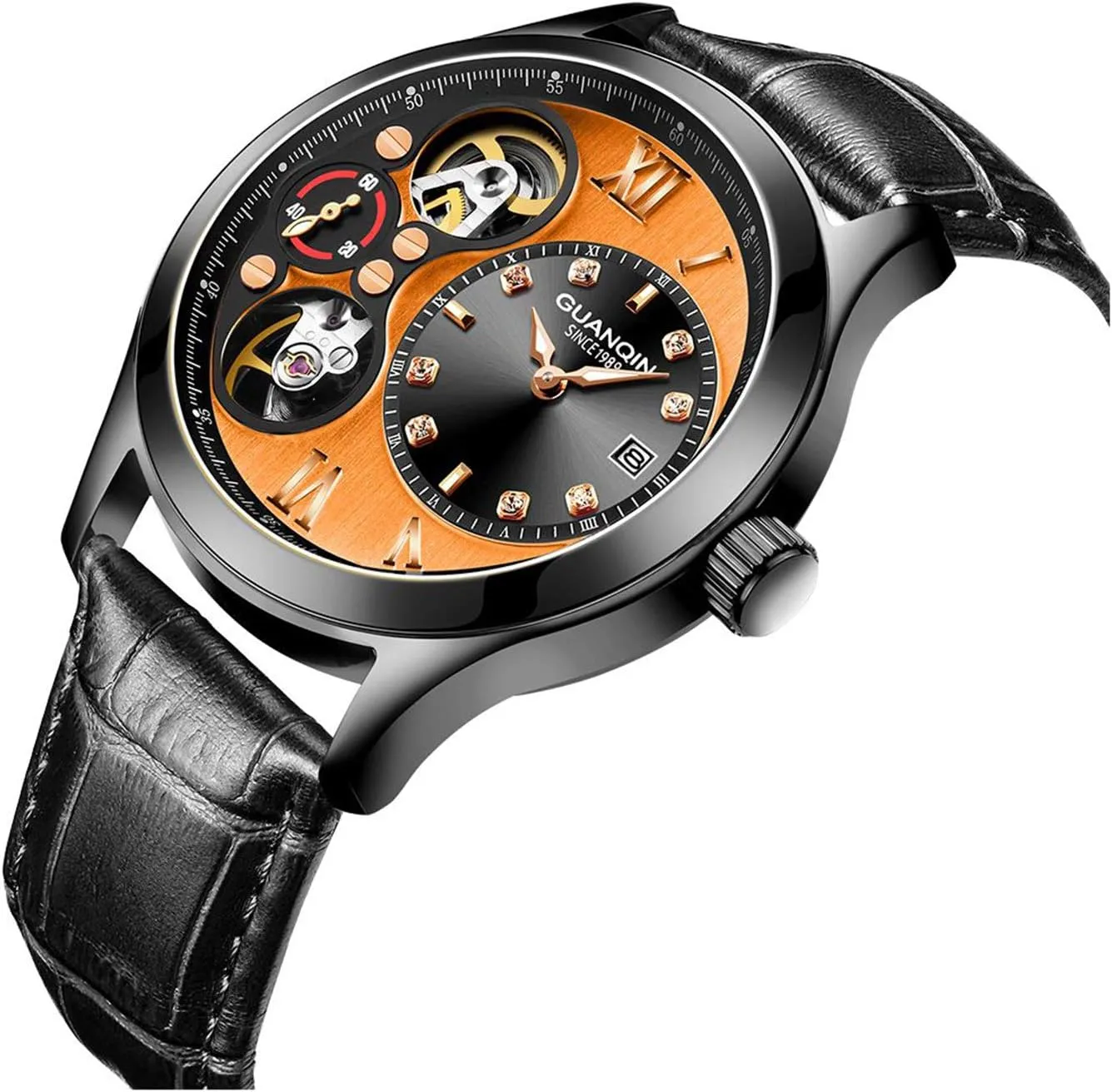 Rhinestones Leather Watches MASTOP Mens personality designer method erupt Luxury Automatic Mechanical Calendar Waterproof Skeleton Business 