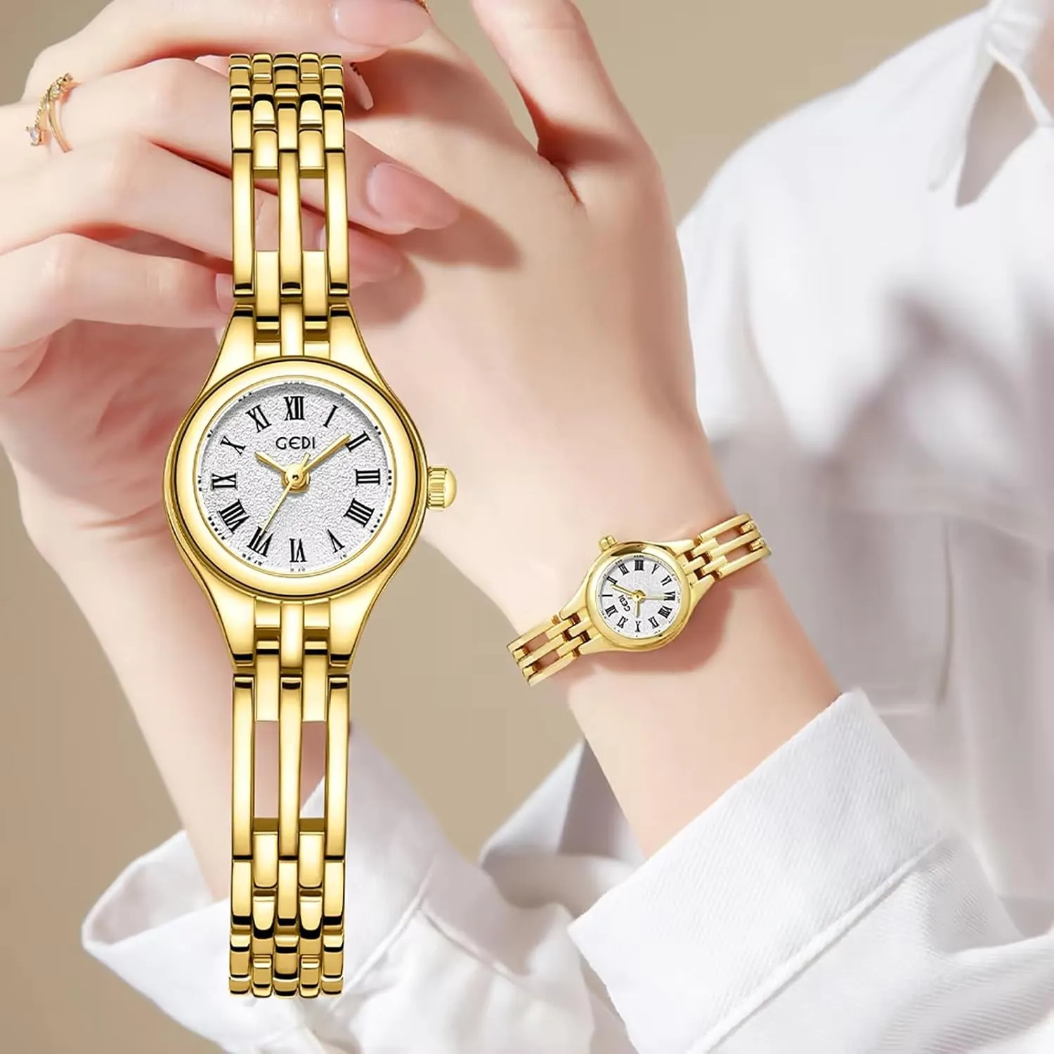 Roman Numeral Tools Included Gosasa Small Gold humanness Women's Watch Stainless Steel Bracelet Vintage Ladies Quartz Watch Dainty Gold Watch 