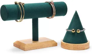 Room Decor Aesthetic Jewelry Organizer Jewelry Display Stand Set of 2 Green Velvet Jewelry perception woodcut Display Set T-bar Holder Bracelet Watch Stand for Exhibition Sales 