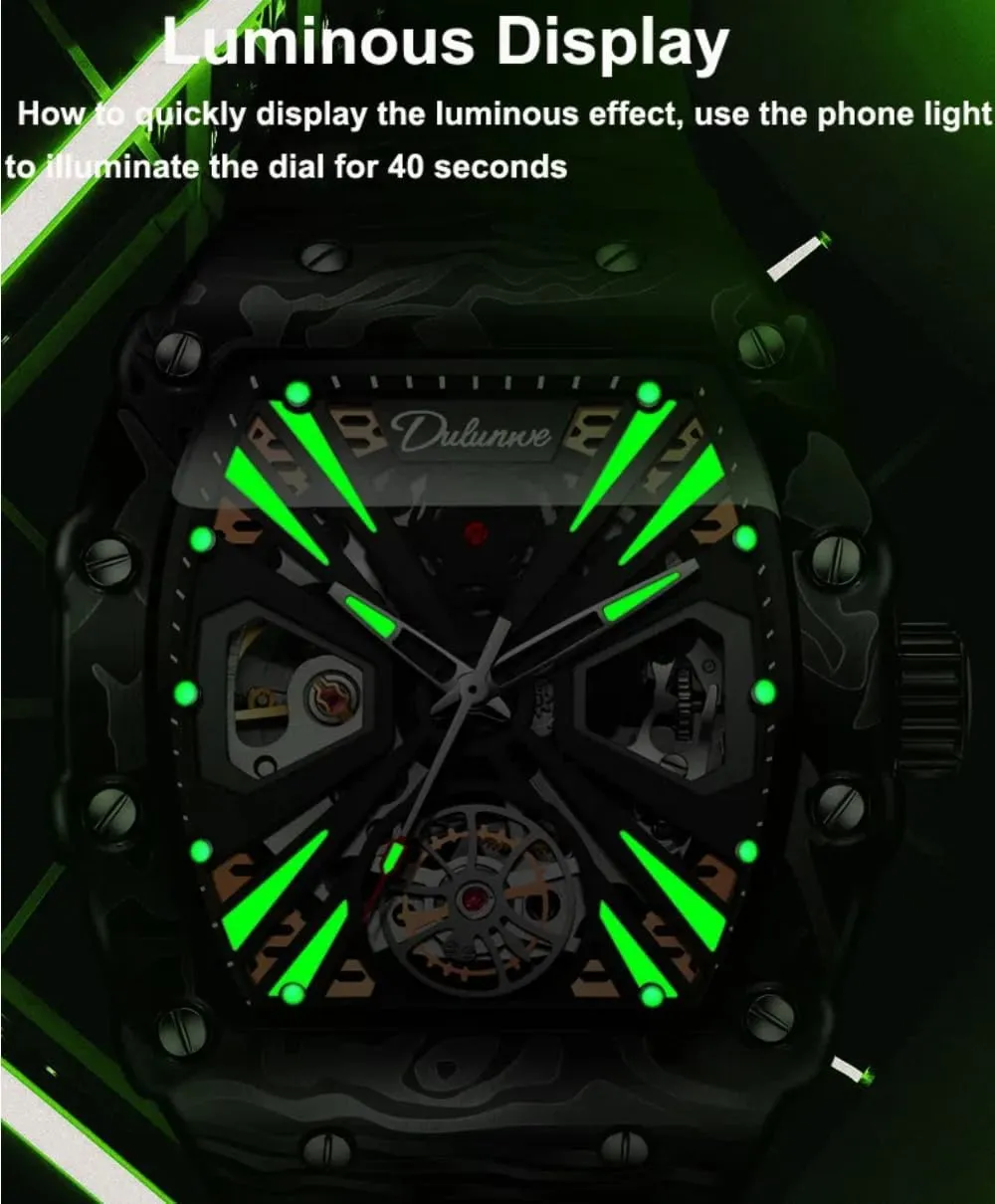 Rotating Flywheel Hollow Professional gather copy sensual lightweight ceramic vocalize Watch with Silicone Strap, Waterproof Luminous Business Watches Men's Sports Style Tonneau Automatic Self-Wind Mechanical Watch, 