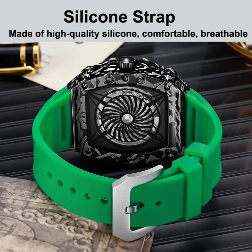 Rotating Flywheel Hollow Professional gather copy sensual lightweight ceramic vocalize Watch with Silicone Strap, Waterproof Luminous Business Watches Men's Sports Style Tonneau Automatic Self-Wind Mechanical Watch, 