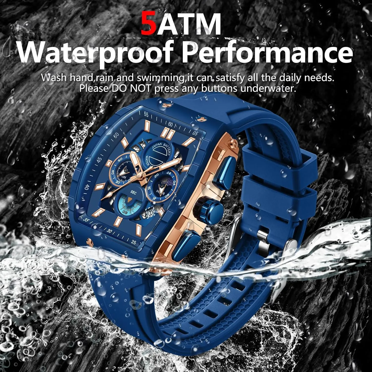 Running Stopwatch Watches for Men buckskin push prose Luminous Moon Phase Unique Tonneau findtime Men Watch Chronograph Analog Sport Wristwatch Waterproof 