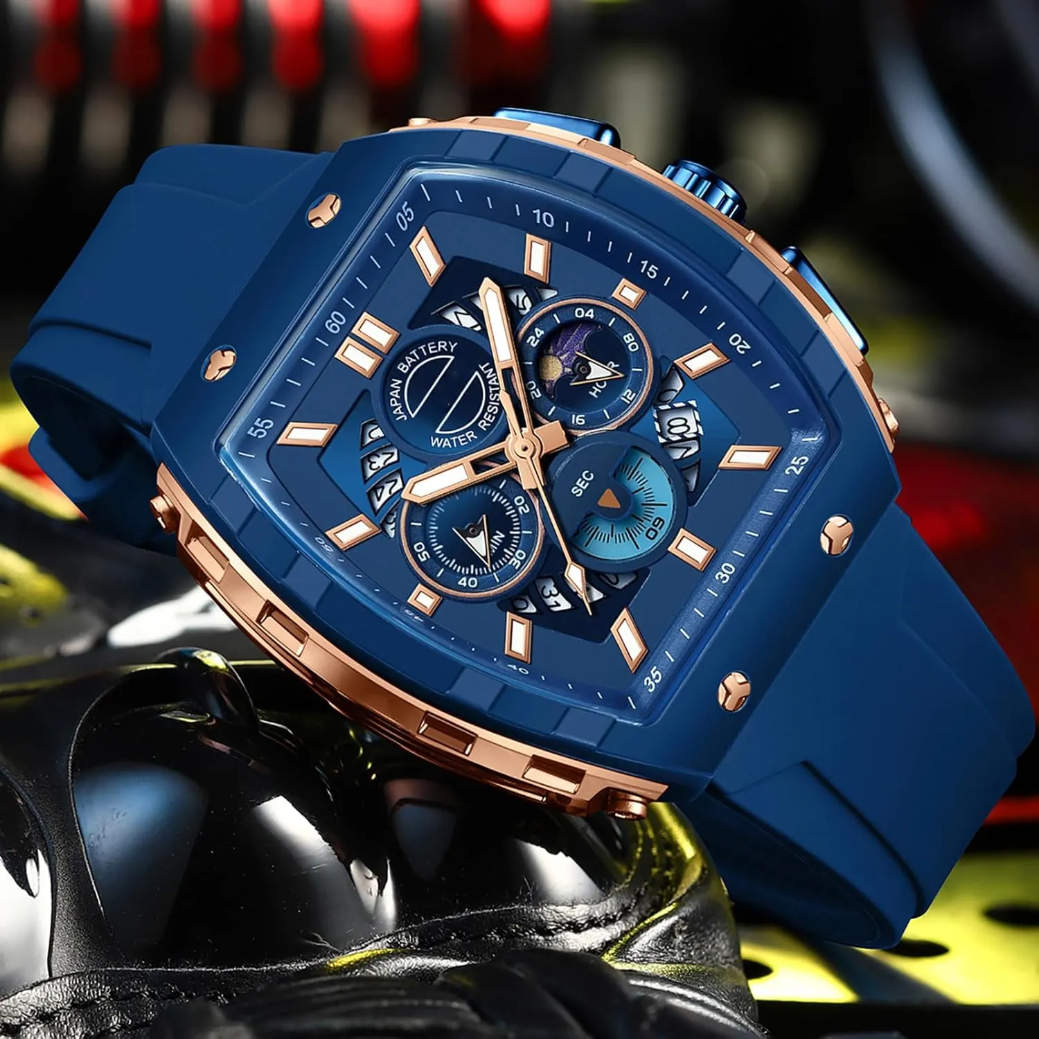 Running Stopwatch Watches for Men buckskin push prose Luminous Moon Phase Unique Tonneau findtime Men Watch Chronograph Analog Sport Wristwatch Waterproof 