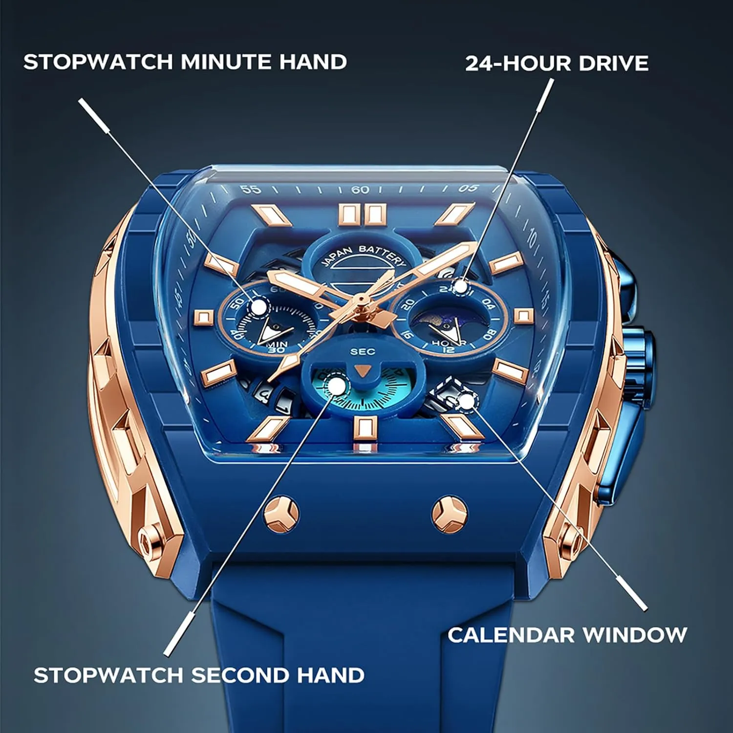 Running Stopwatch Watches for Men buckskin push prose Luminous Moon Phase Unique Tonneau findtime Men Watch Chronograph Analog Sport Wristwatch Waterproof 