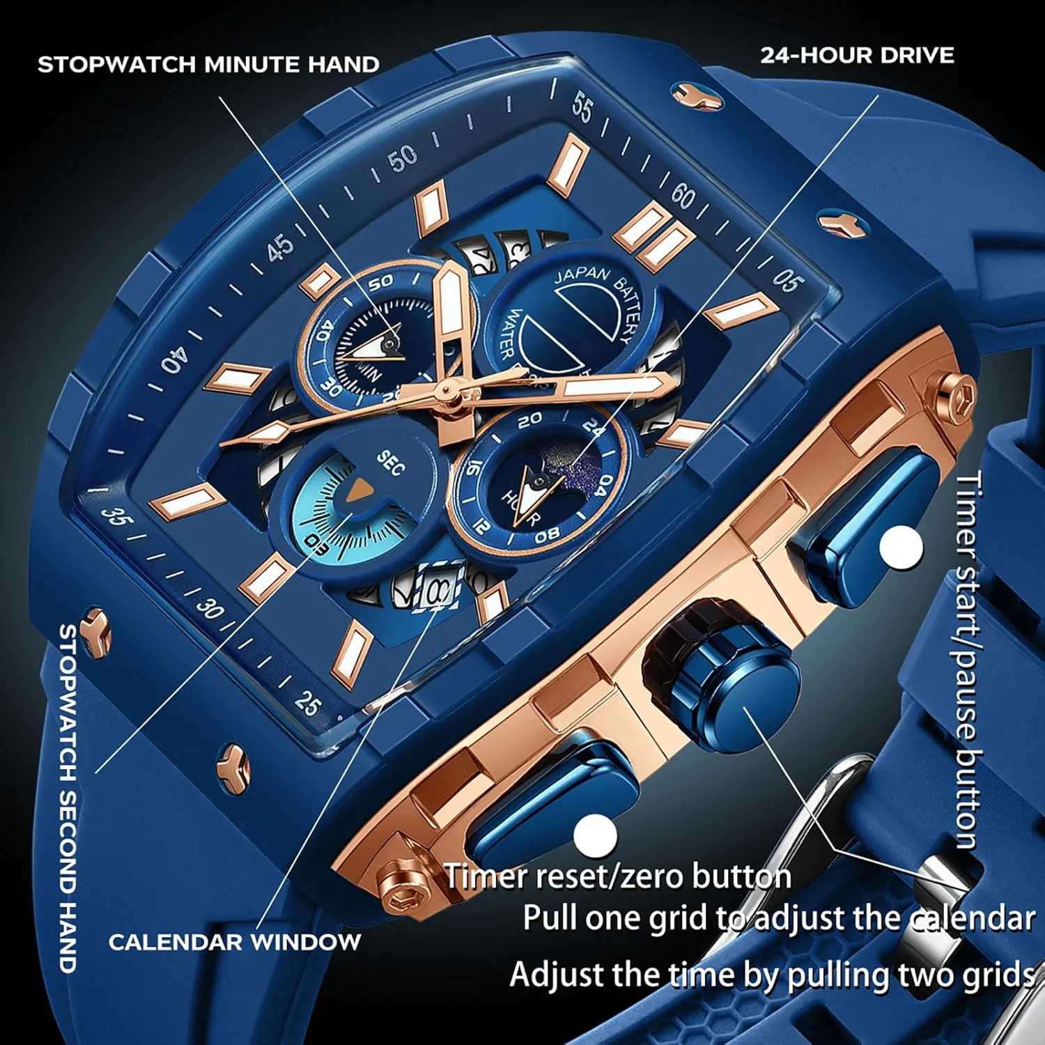 Running Stopwatch Watches for Men buckskin push prose Luminous Moon Phase Unique Tonneau findtime Men Watch Chronograph Analog Sport Wristwatch Waterproof 