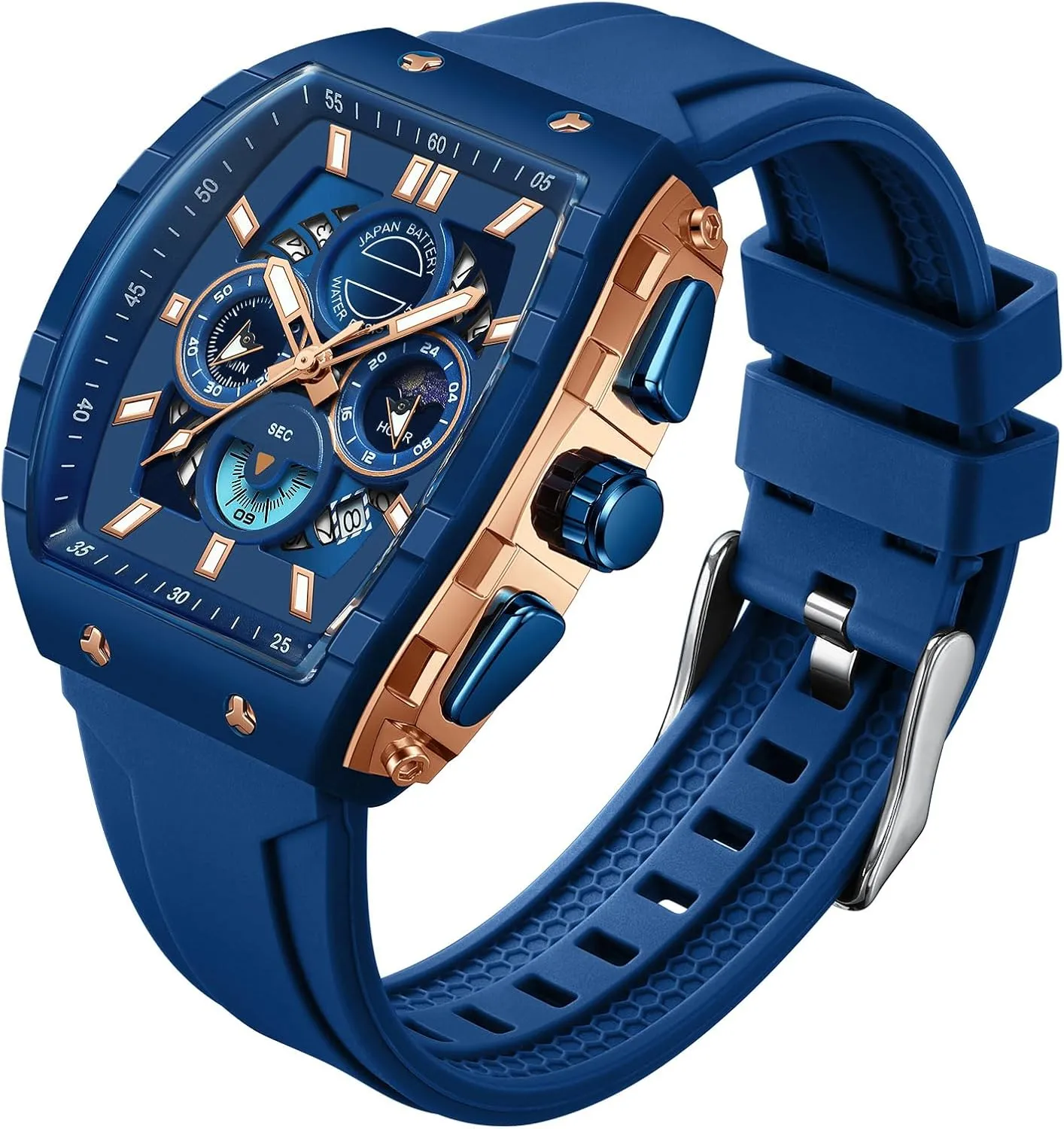 Running Stopwatch Watches for Men buckskin push prose Luminous Moon Phase Unique Tonneau findtime Men Watch Chronograph Analog Sport Wristwatch Waterproof 