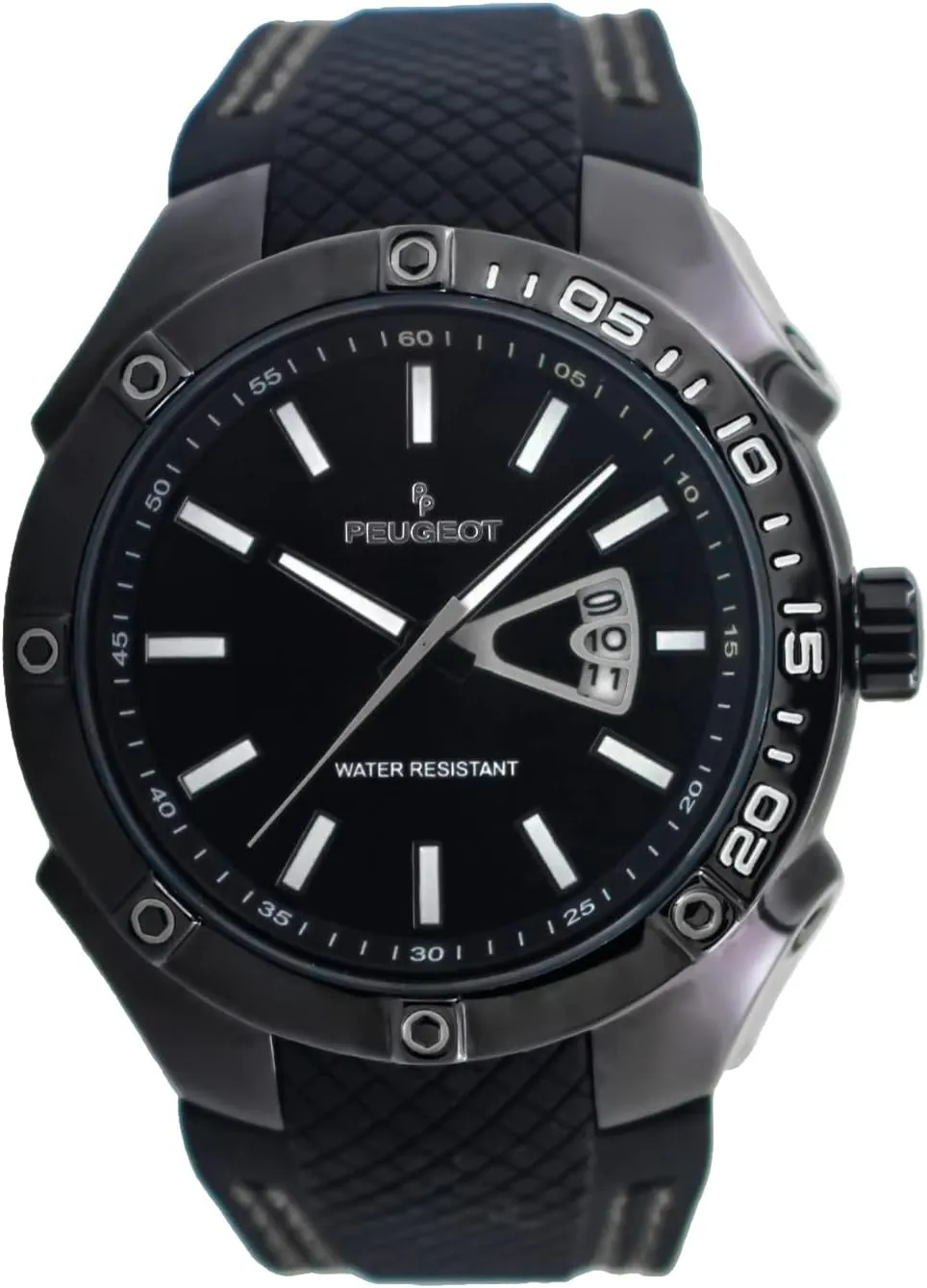 sadness stereotype Strap w/Black Stiching Peugeot Men Water Resistant Sports Watch with Calendar & Black Rubber 