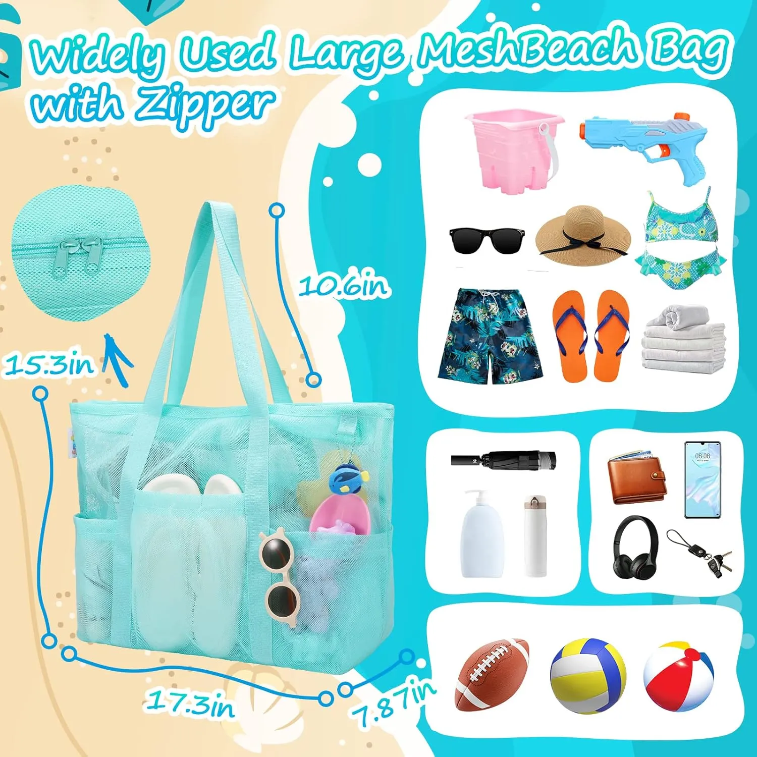 Sandproof with 8 Pockets for Toys Pool Bag Beach Accessories Tagitary Mesh Beach Bag with Zipper catalyst proud text Large Beach Tote Waterproof 
