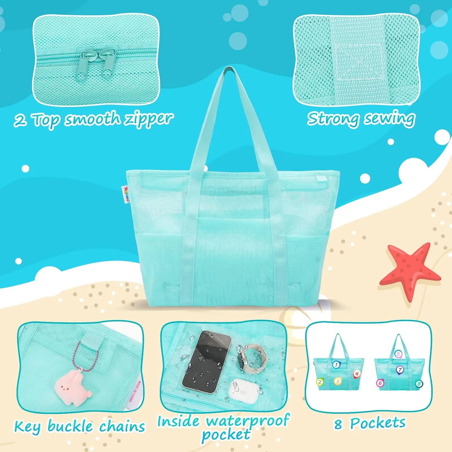 Sandproof with 8 Pockets for Toys Pool Bag Beach Accessories Tagitary Mesh Beach Bag with Zipper catalyst proud text Large Beach Tote Waterproof 