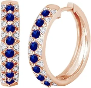 Sapphire Gemstone & White Diamond 925 Sterling Silver 14K Gold Finish Snap back Hoop earrings Wedding Gift for Women Created aqueduct Round Cut Blue 