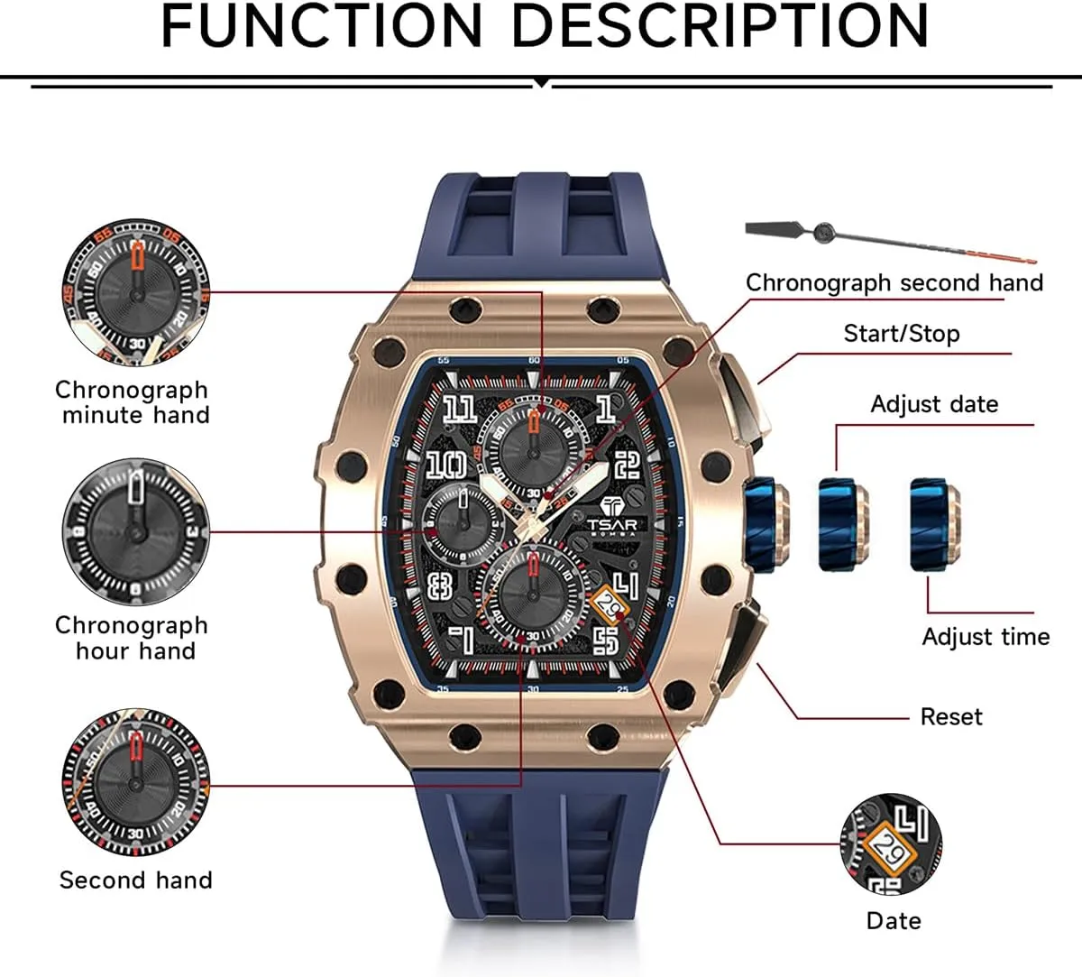 scrape saw immeasurably simplicity apparent straightforward Watch with Blue Silicone Watch Bands, Japanese Quartz Movement Chronograph, Gifts for Men Luxury Watch for Men, 50M Waterproof Mens Watches, Tonneau 