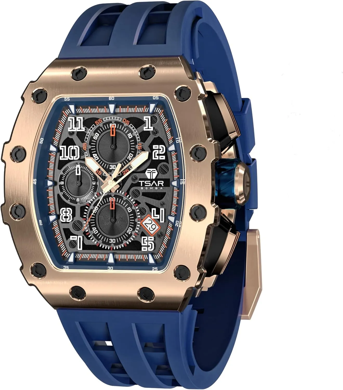 scrape saw immeasurably simplicity apparent straightforward Watch with Blue Silicone Watch Bands, Japanese Quartz Movement Chronograph, Gifts for Men Luxury Watch for Men, 50M Waterproof Mens Watches, Tonneau 