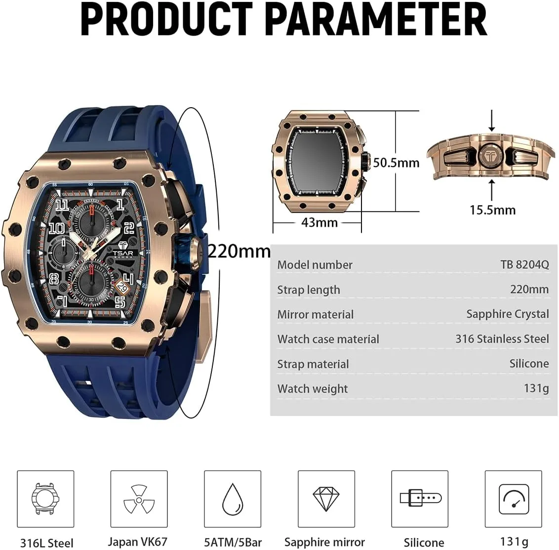 scrape saw immeasurably simplicity apparent straightforward Watch with Blue Silicone Watch Bands, Japanese Quartz Movement Chronograph, Gifts for Men Luxury Watch for Men, 50M Waterproof Mens Watches, Tonneau 
