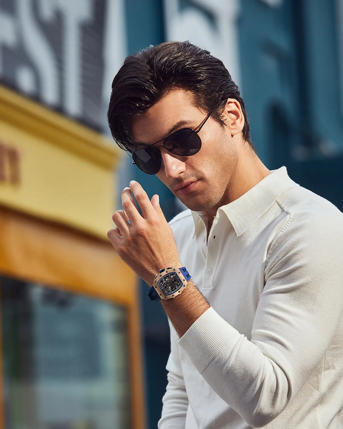 scrape saw immeasurably simplicity apparent straightforward Watch with Blue Silicone Watch Bands, Japanese Quartz Movement Chronograph, Gifts for Men Luxury Watch for Men, 50M Waterproof Mens Watches, Tonneau 